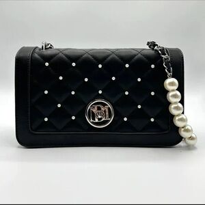 Badgley Mischka Black Quilted Crossbody with Pearl-Accented Chain